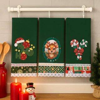Pano de Prato Bordado Natalino Kit 3 peças Verde - LANÇAMENTO