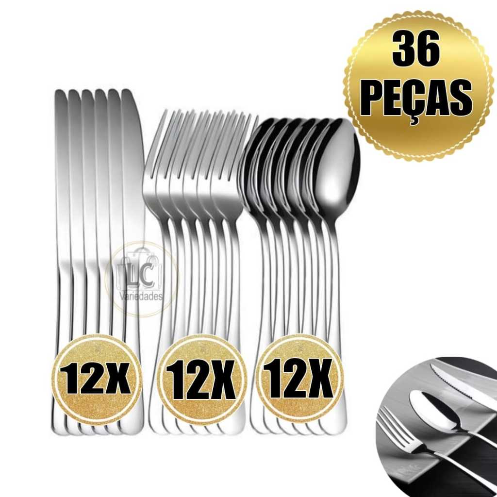 Kit Jogo Faqueiro 36 Talheres Inox 12 Colheres 12 Facas 12 Garfos Cozinha Restaurante Buffet