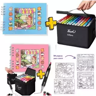 KIT de Livro Colorido 50 Folhas Capa Dura + 24/un Canetas Marcadoras TOUCH de Ponta Dupla/Bobie googs/ Stitch