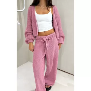 Conjunto Feminino de Tricot Mousse Premium Casaco Cardigan e Calça Com Amarração Tricô Fio Musse Moda Blogueira
