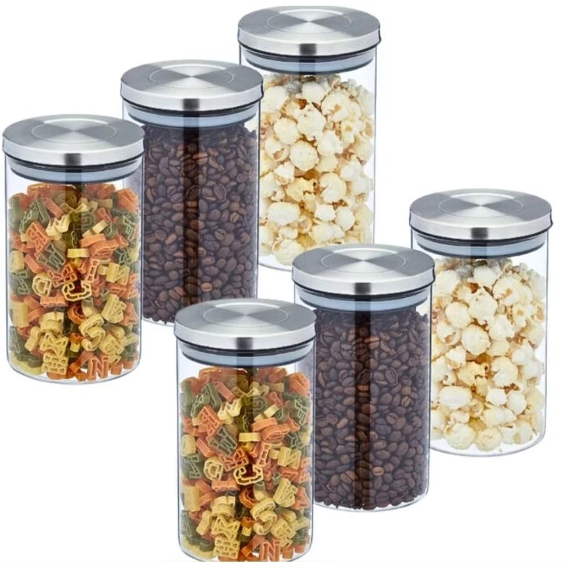6 unidades Potes Herméticos 650ml Recipiente de Vidro Com tampa Inox Cozinha Organização.