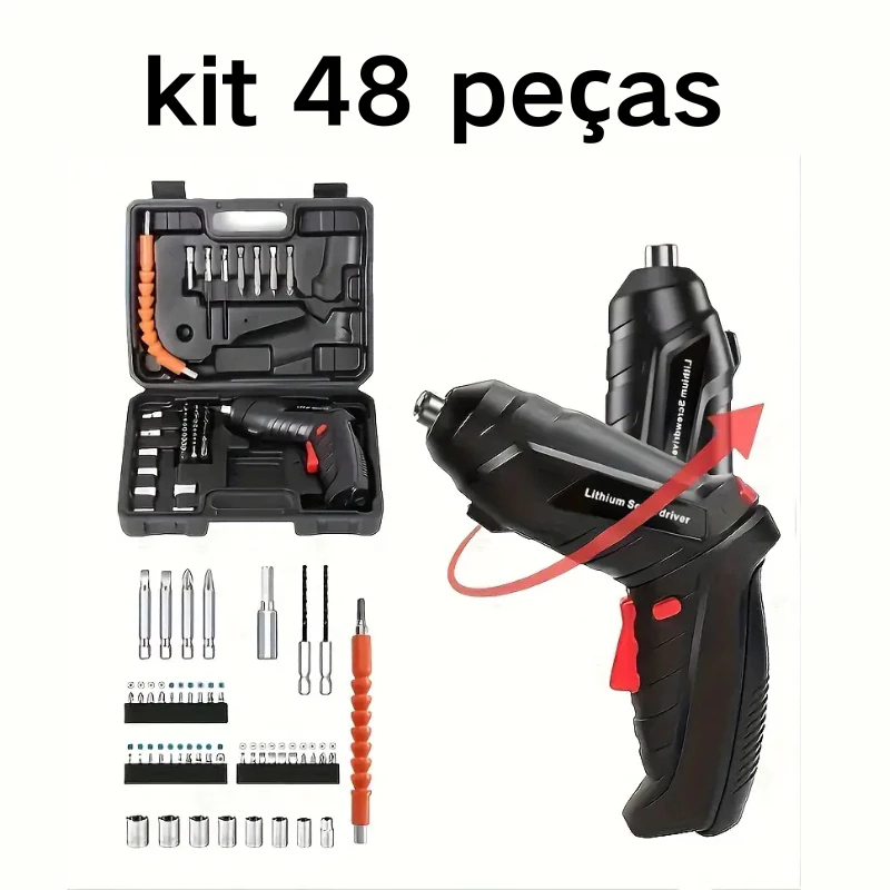 kit Parafusadeira elétrica/furadeira 48 Pçs À Bateria Carregador Usb — Techo Pro
