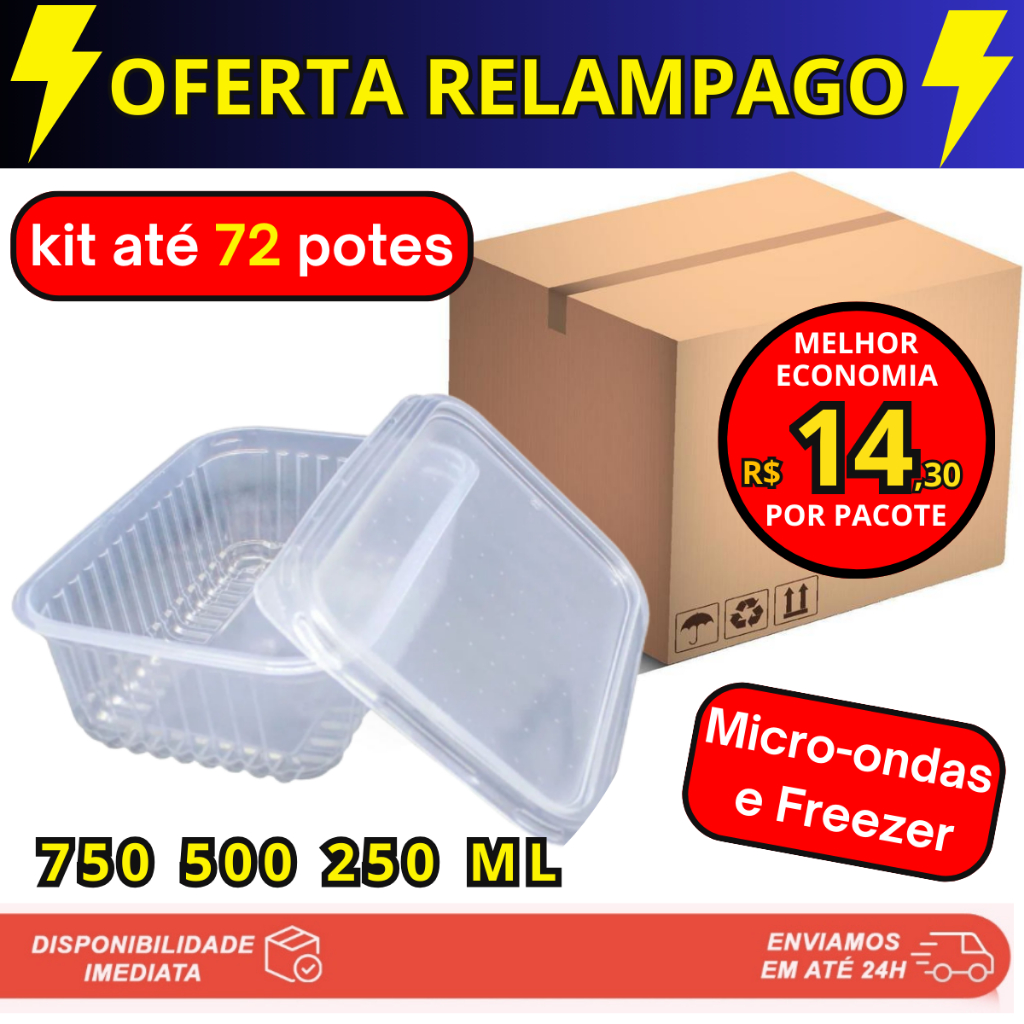 72 Pote Embalagem para Marmita Descartavel Rentagular Plastico 500ml 250ml 750 ml