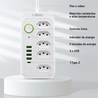 COIBEU® Extensão de 5m tomada 5/7 e 4 fontes de alimentação USB de dupla voltagem 110V-220V