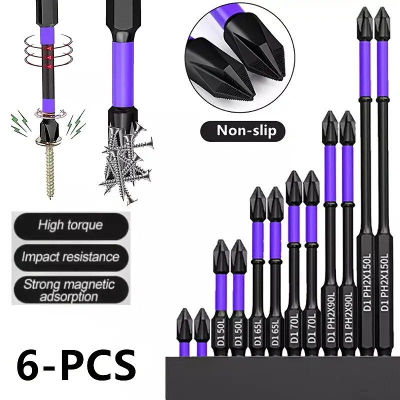 Jogo 6 Ponteiras Philips Magnéticos PH2 de Impacto Anti Derrapante Parafusadeira Bits Cruzado