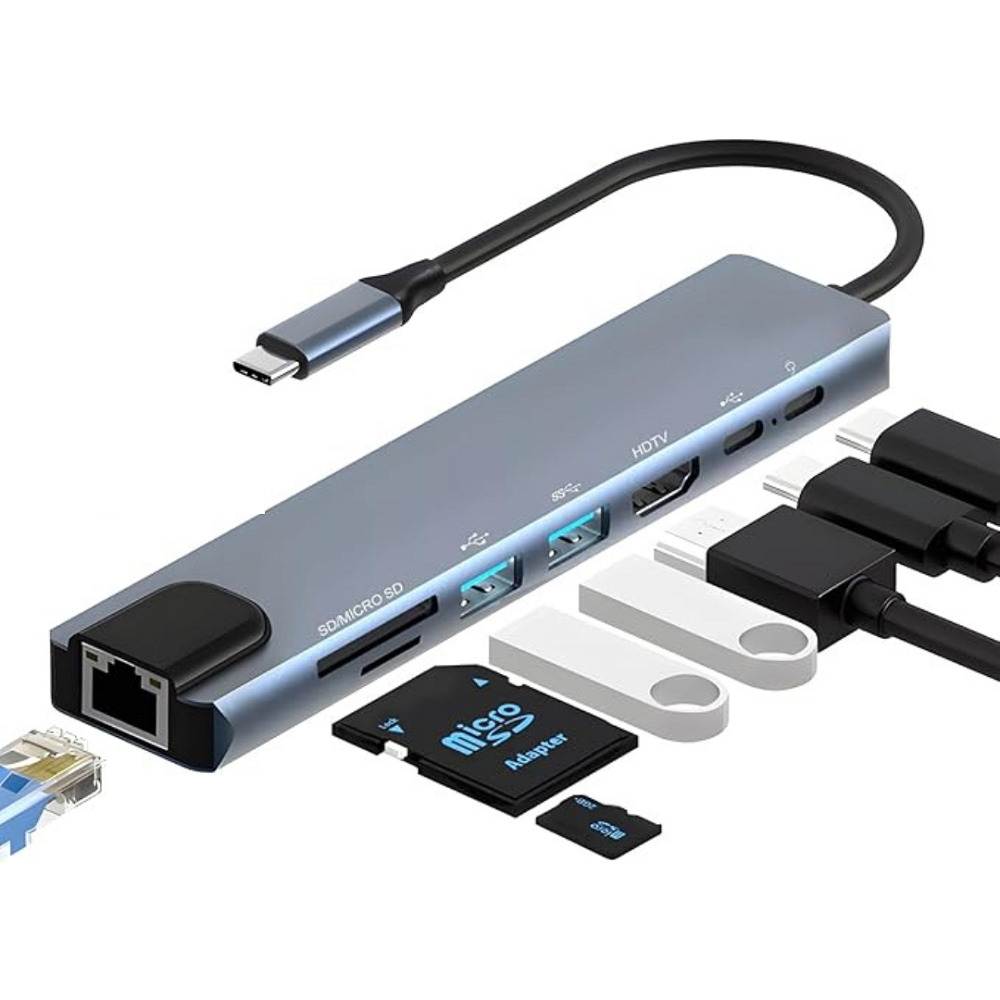 Hub USB-C 8 em 1 Com RJ45 HDMI 4K USB 3.0 Leitor SD-TF Tipo C PD ...