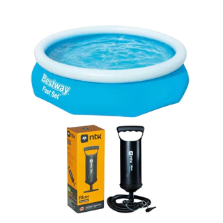 Kit Piscina Inflável Bestway Fast Set 3.800 Litros Azul + Bomba De Ar Manual Blow Com 3 Bicos Adaptadores Nautika