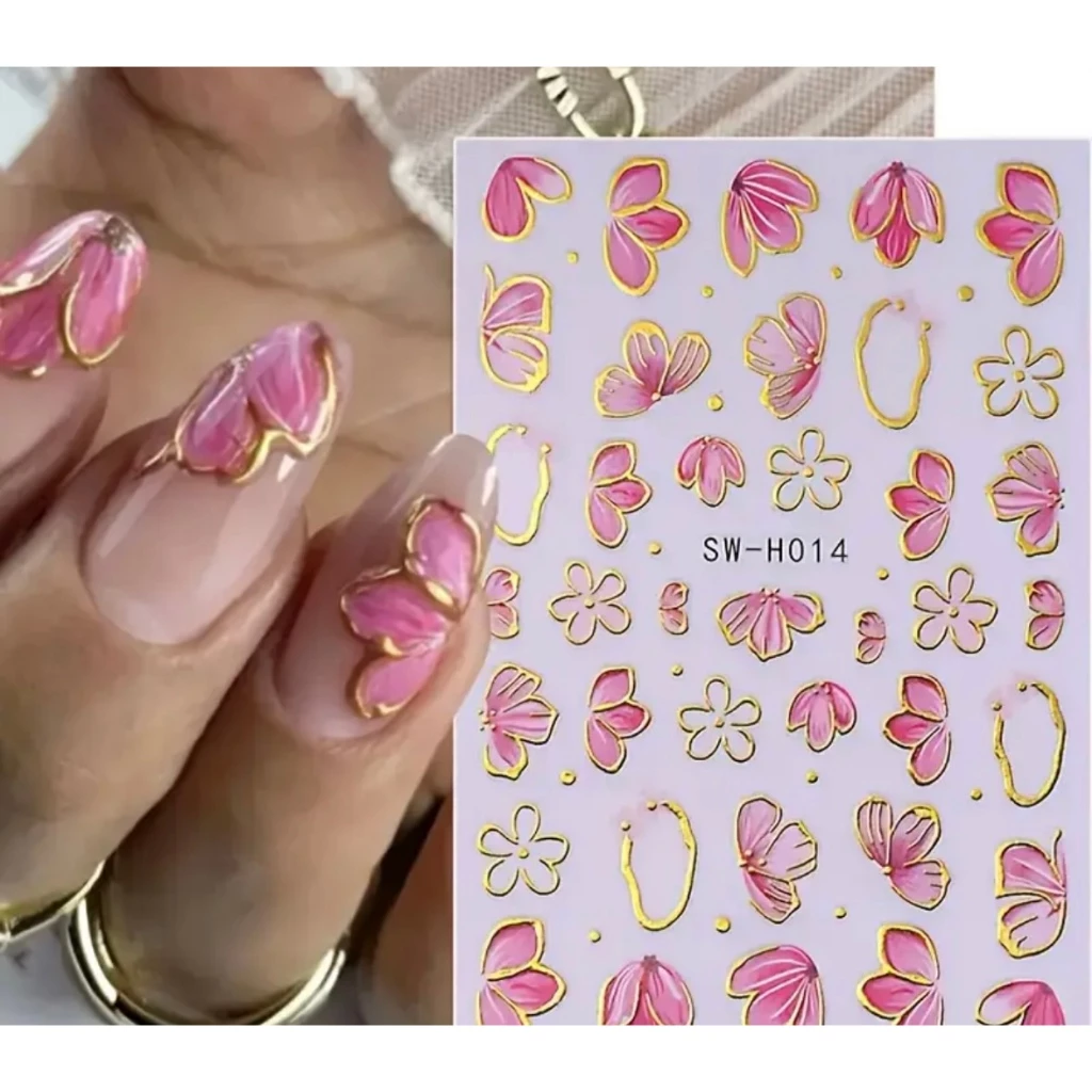 Uma Cartela De Adesivos de Unhas Flores Rosas com Detalhes Dourados | Nail Art Autocolante Y2K - ENVIO RÁPIDO