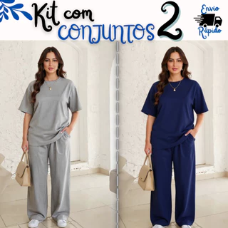 Kit com 2 Conjunto modelo blusa Over e calça pantalona feminina em Oferta na Shopee