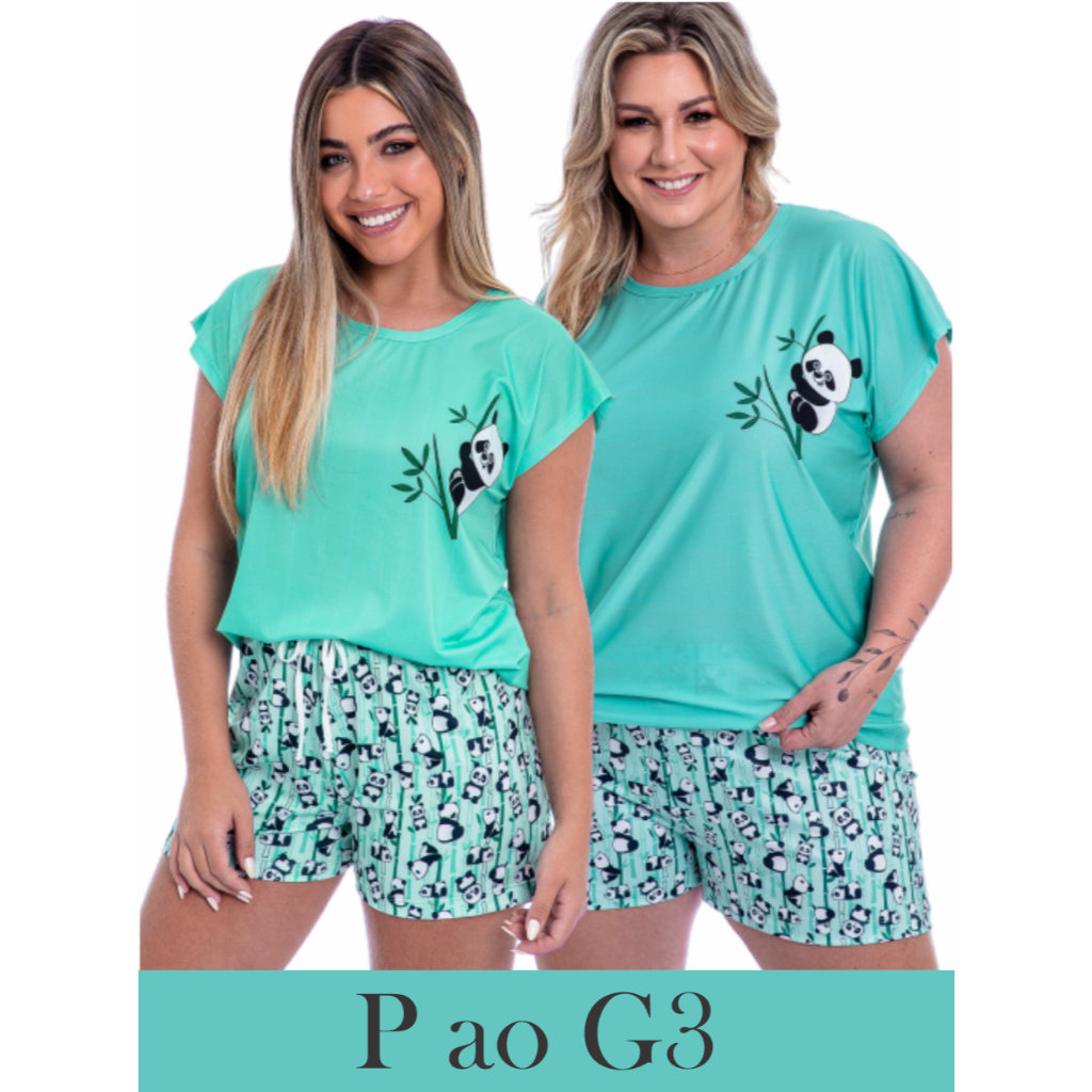 Pijama Feminino Adulto de Verão Manga Curta Panda P ao G3 - Plus Size ...