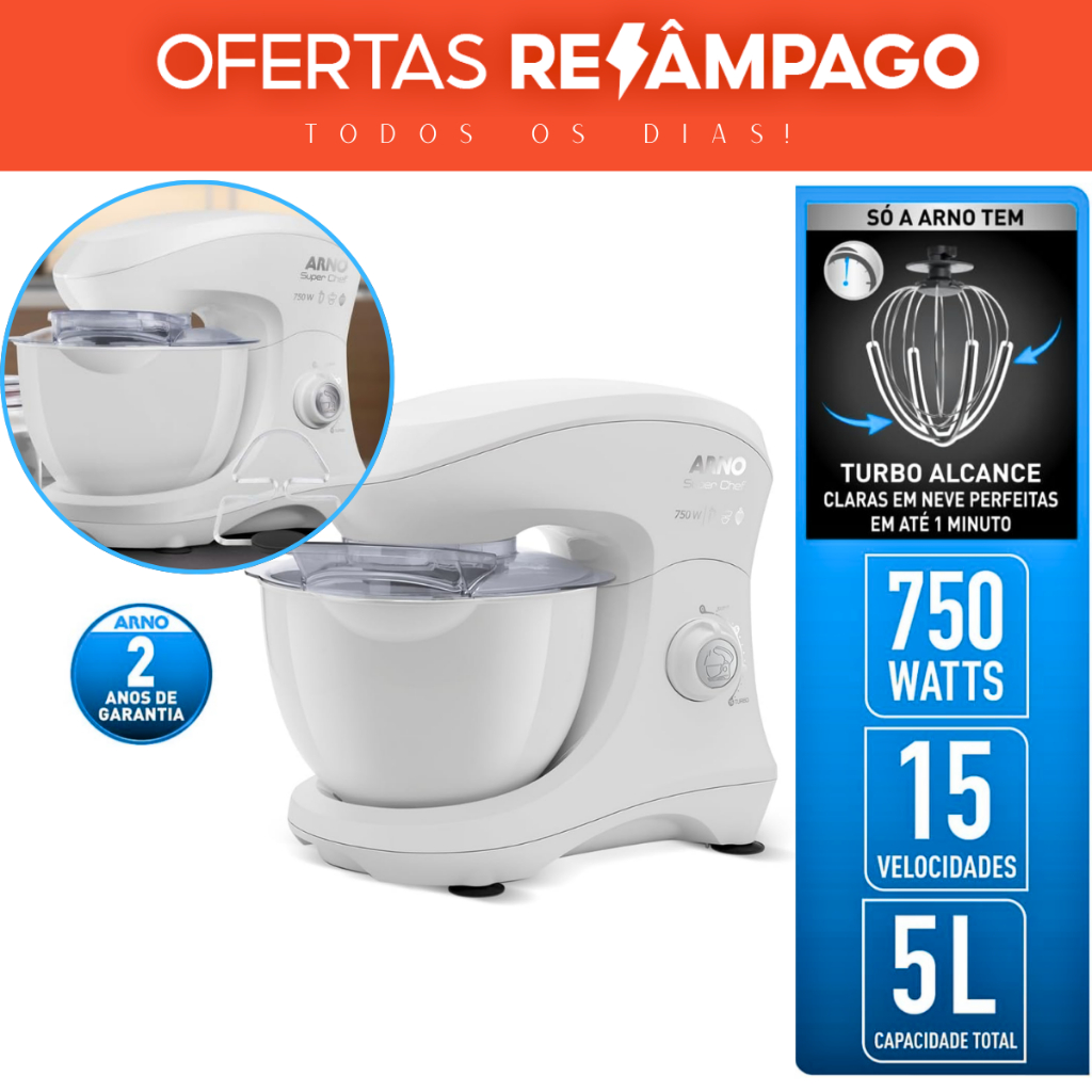 Batedeira Planetária Super Chef Arno 5L 15 velocidades 750W 