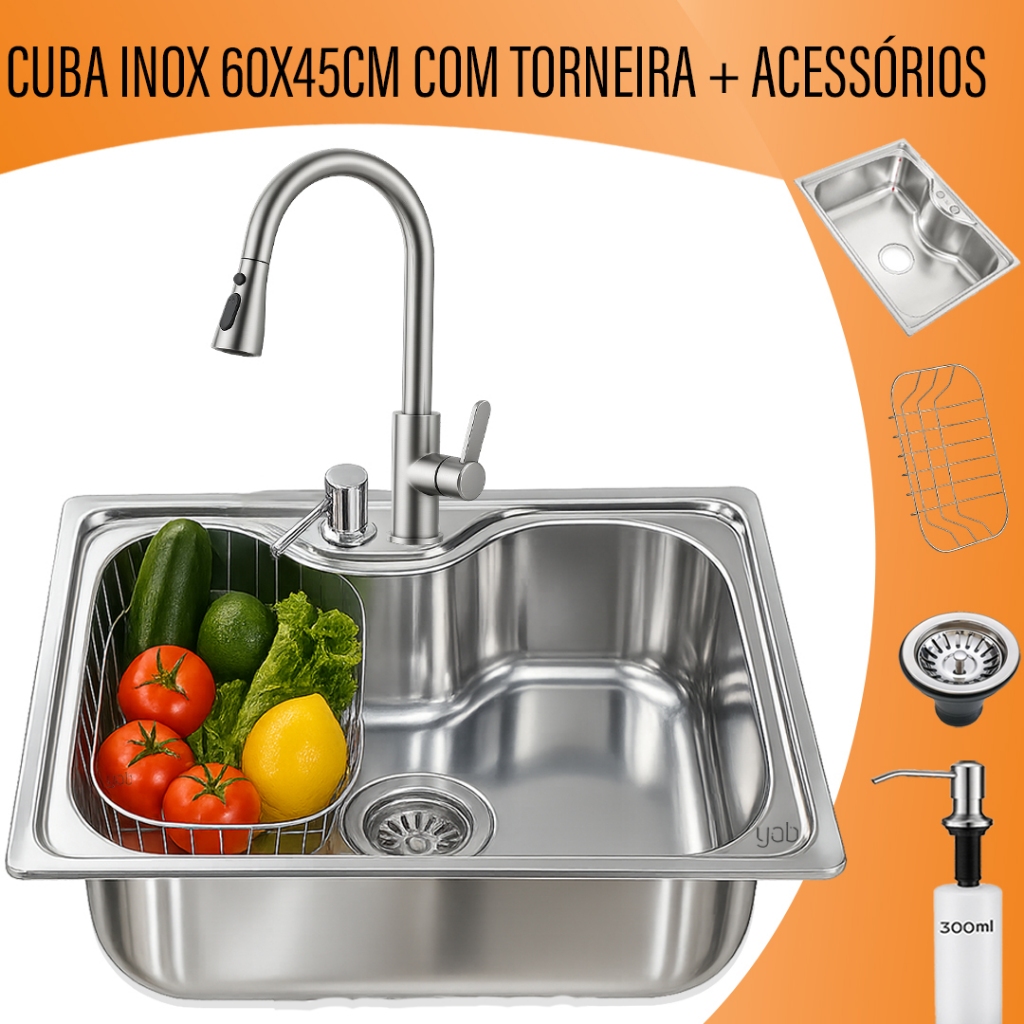 Kit Cuba Cozinha Gourmet 60x45cm + Torneira Extensiva Monocomando Quente/Fria de Bancada Yab