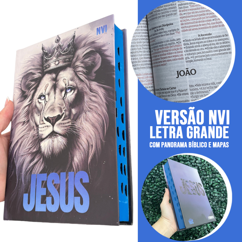 Bíblia Sagrada Evangélica Versão NVI LETRAS GRANDES Leão Jesus Azul com ...