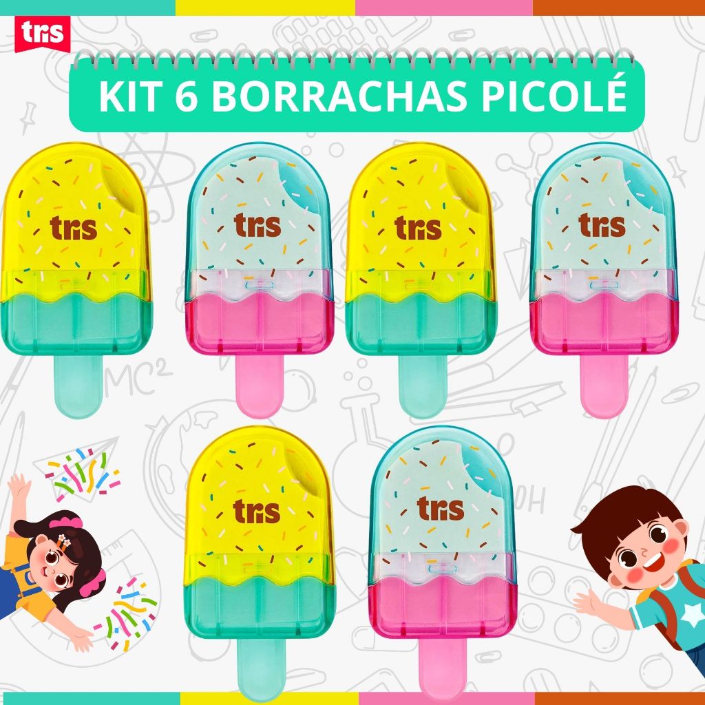 Borracha Escolar Picolé Tris Apaga com Qualidade Colorida Divertida ...