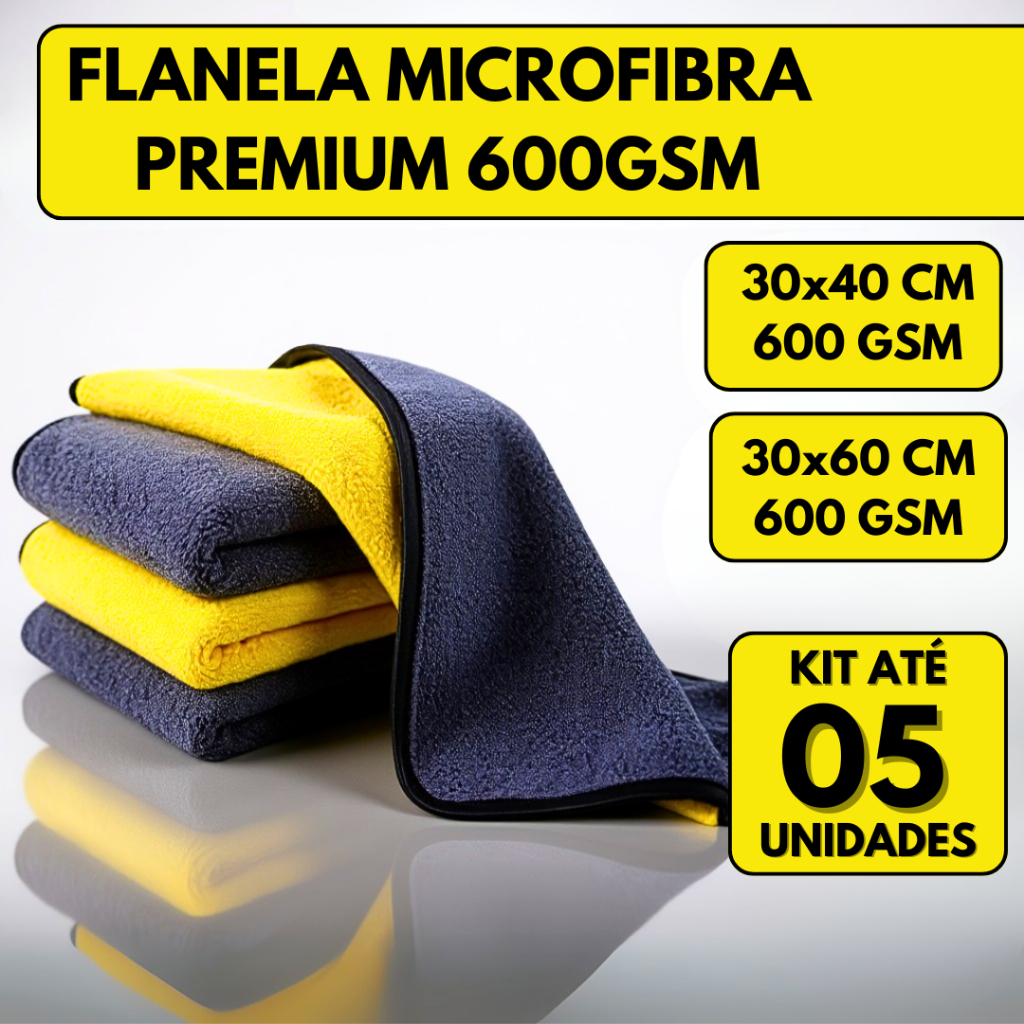 Kit 05 Pano Flanela Microfibra Automotiva 600GSM Premium Para Lavagem polimento de Carro