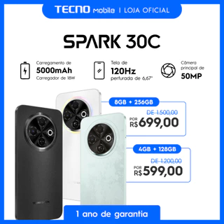 Tecno Spark 30C 4G 128/256GB e 4/8GB RAM, Câmera 50MP, Processador Mediatek Hélio G81,, Bateria 5000mAh, Versão Global