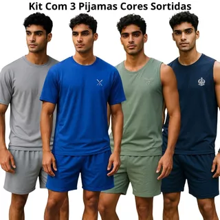 Kit com 3 Pijamas Masculino Regata Verão Adulto em Malha de Qualidade Azul, Verde ou Cinza em Oferta na Shopee