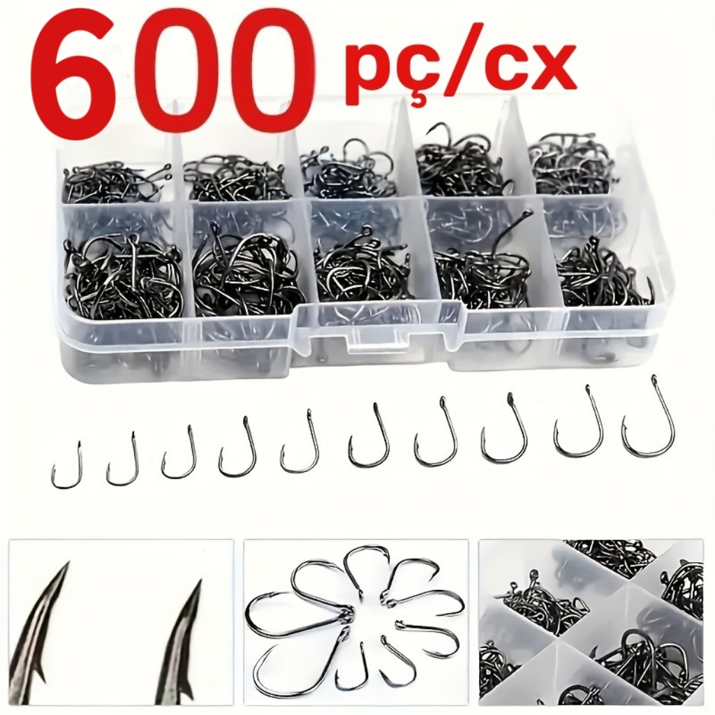 Kit Pesca: 600 Anzóis Chinu nos Tamanhos 3 ao 12 com Estojo de Armazenamento