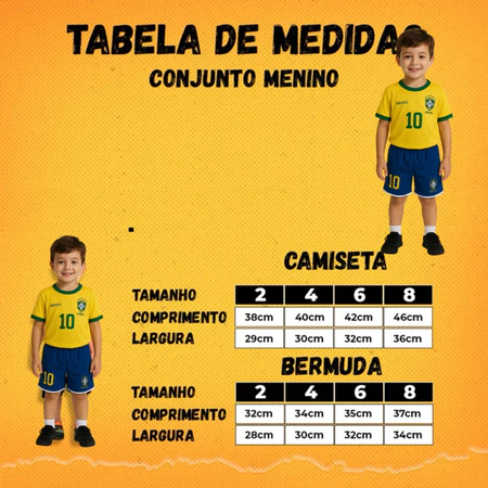 Tabela de medidas do uniforme de futebol infantil do Brasil com meninos modelo
