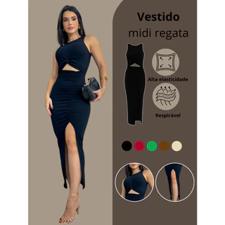 Vestido Luxo Longo Midi Tubinho Canelado com Bojo Fenda Modelador Madrinha Noiva Civil Festa Balada