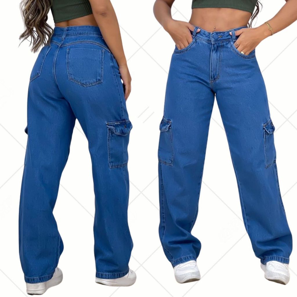 Calça Cargo Jeans Feminina Folgada Com Bolsos Rasgos (Premium) Na