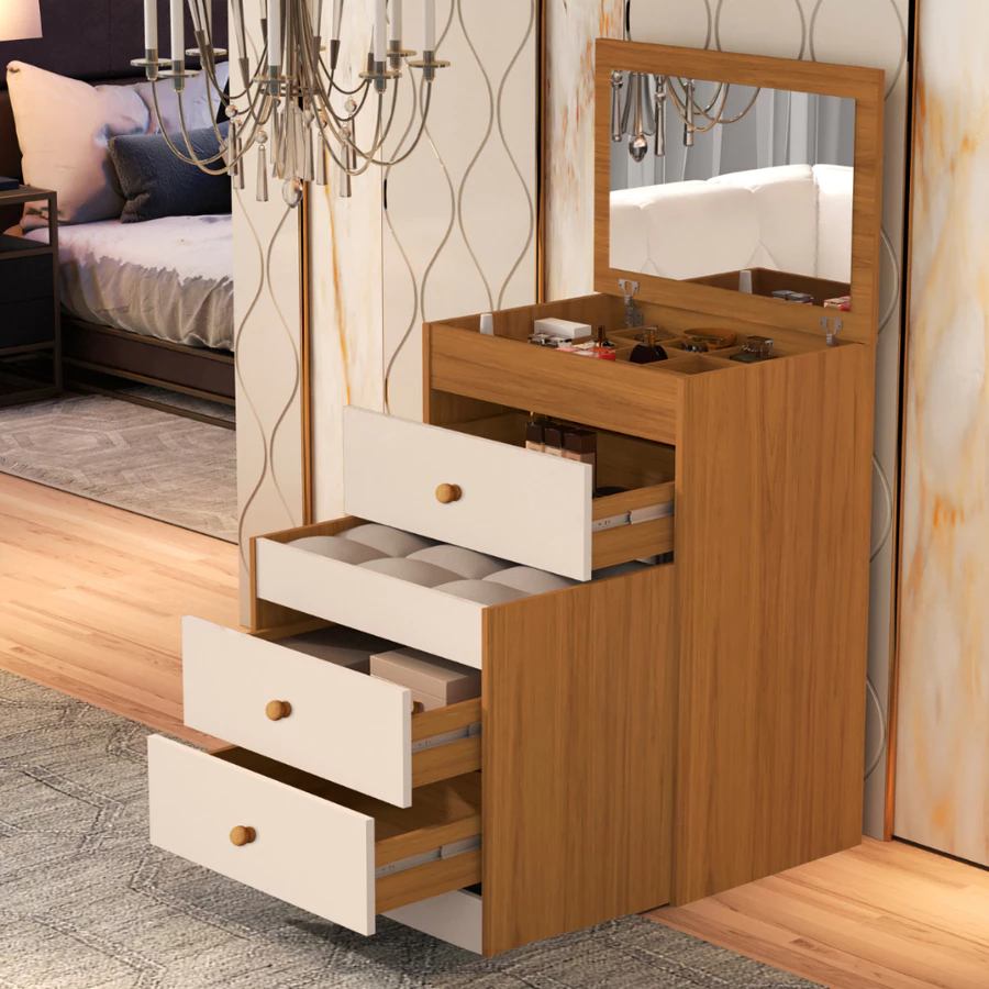 Penteadeira Camarin Com Gavetas Espelho E Banqueta Cor Nature/off White