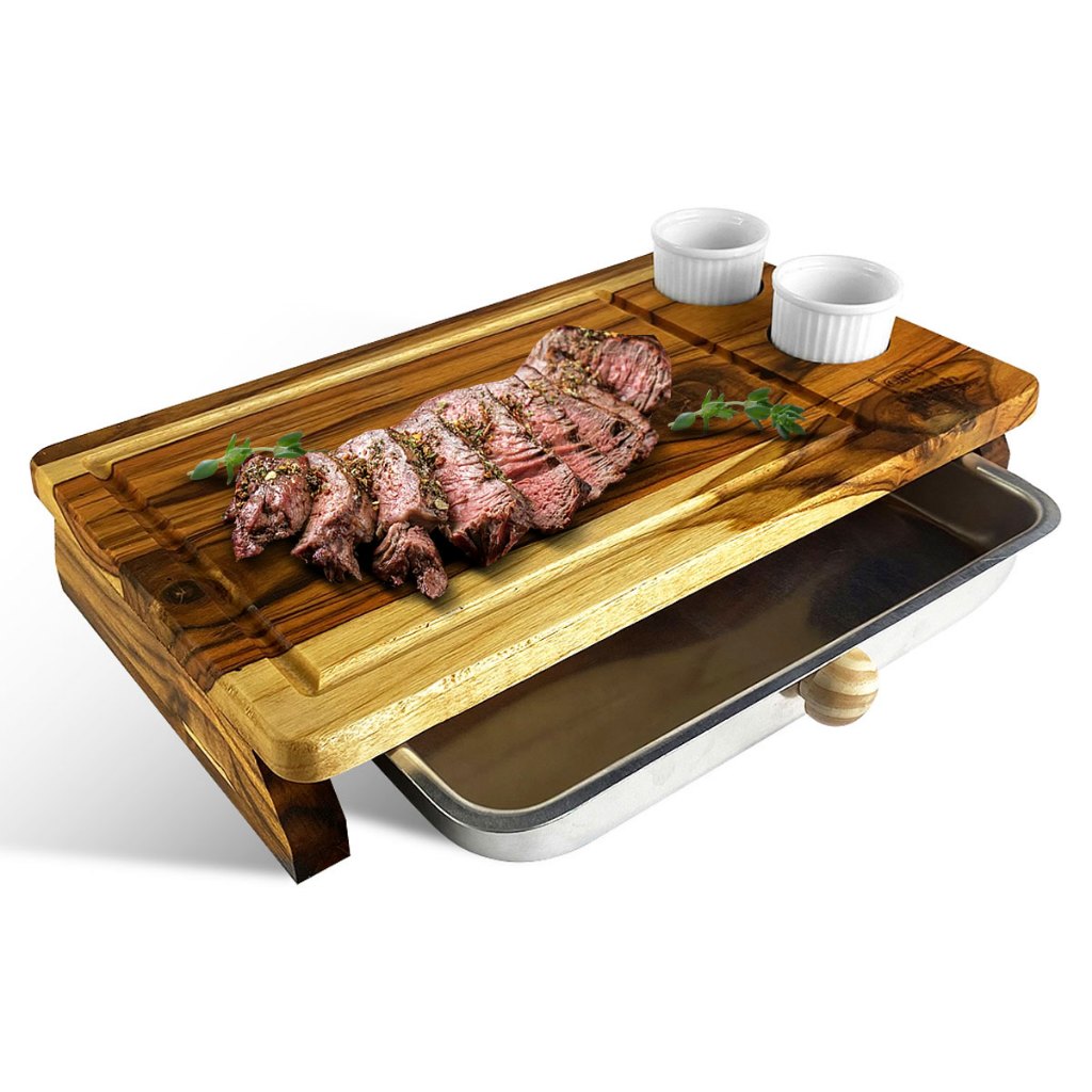 Tabua De Carne Para Churrasco De Madeira Com Bandeja + Porta Molhos ...