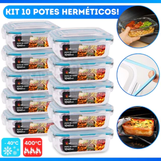 Kit 10 Potes de Vidro 640ml Hermético Marmita Fit com Tampa 4 Travas - MEGA OFERTA RELÂMPAGO!