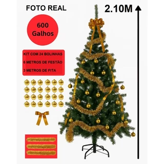 Árvore de Natal Luxo 2,10m 600 Galhos + Kit Decoração Brinde | Pinheiro Verde Base Ferro Reforçada