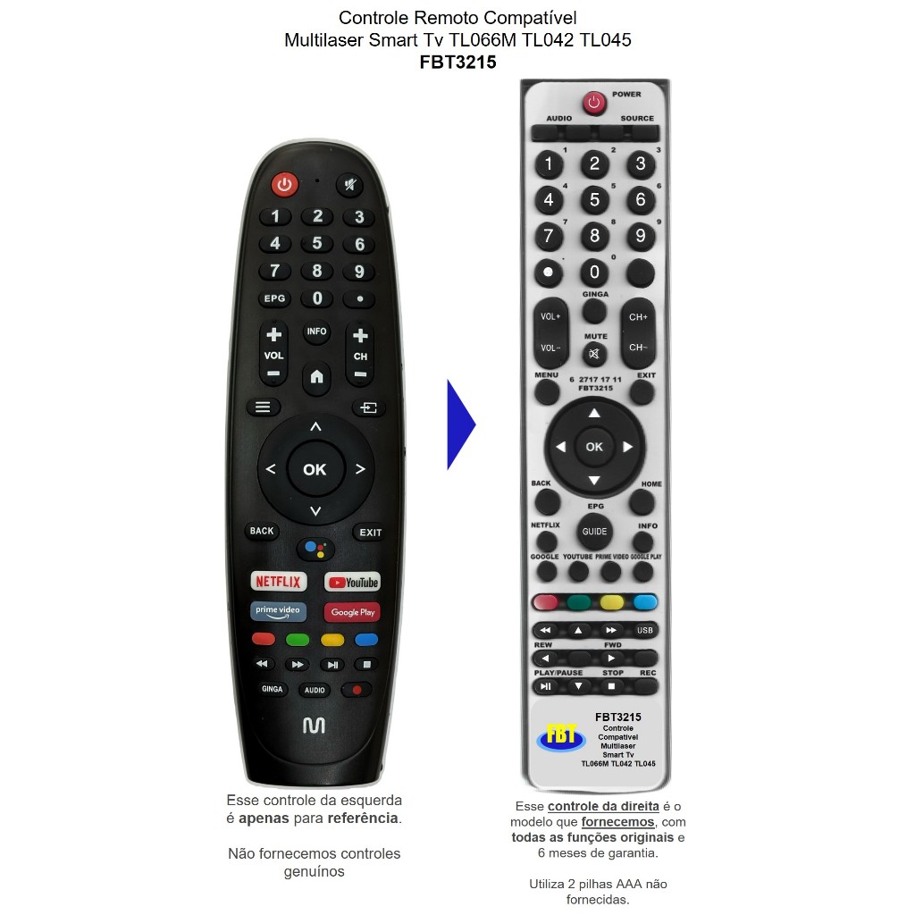 Controle Remoto Compatível Multilaser Smart Tv TL061M TL062M TL066M TL042 TL045 FBT3215