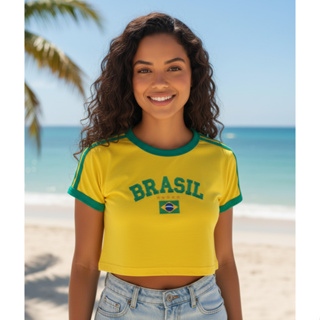 Cropped Feminino Bordado Bandeira do Brasil Retrô em Oferta na Shopee