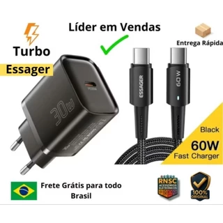 Kit Carregador turbo Rapido Essager 30W Tipo-C Original + Cabo Essager Turbo Original de 1 metro