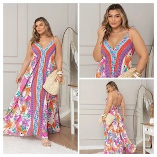 Vestido Longo Plus Size Alça Inspiração Farm Vestido Lenço Frente Única Tendência Verão