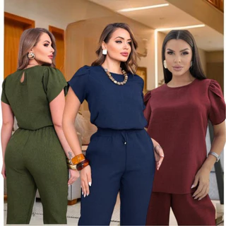 Conjunto Feminino Casual Sofisticado Calça e Blusa Em Linho Roupa Feminina Uniforme