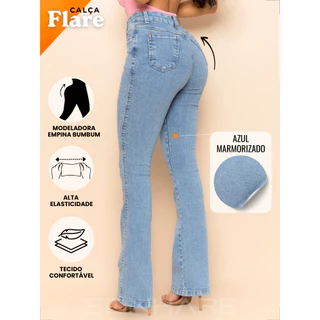 Calça Jeans Flare Feminina Boca de Sino Cintura Alta Lycra Premium Casual Country Empina Bumbum em Oferta na Shopee