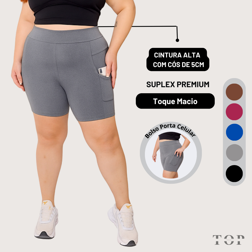 Short Legging Feminino Plus Size Com Bolso Porta Celular Cintura