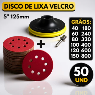Kit Base Suporte Disco 125mm + 50 Lixas 8 Furos Com Velcro 5" Furadeira Esmerilhadeira