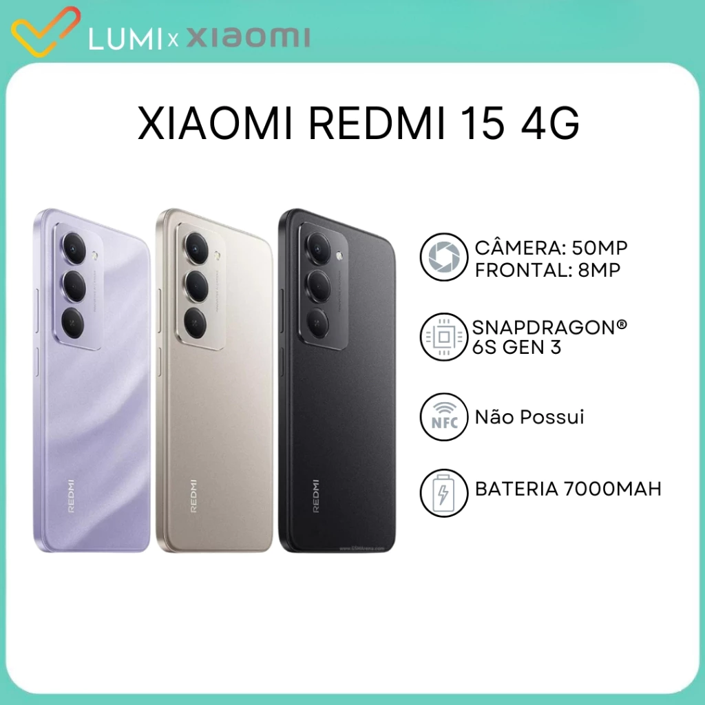 Xiaomi Redmi 15 4G,Versão Global, Bateria 7000mAh, 128/6GB ou 256/8GB Processador Snapdragon 685 , Câmera 50MP