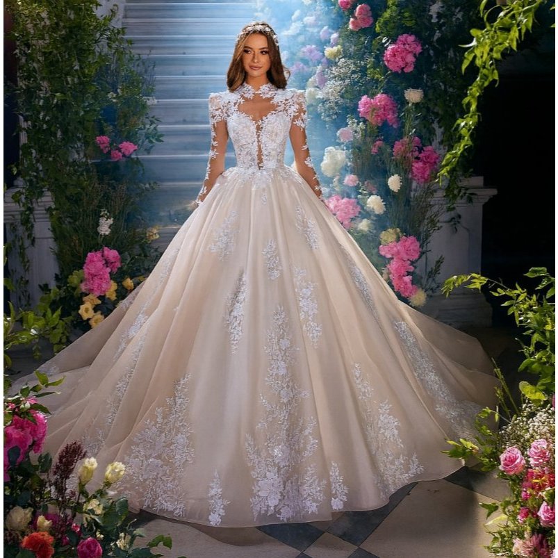 Vestido de Noiva Princesa Manga Longa com Renda e Tule - Moda Sunset ...