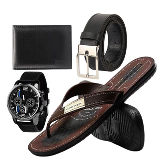 Kit Chinelo Masculino Café Marrom + Carteira + Relógio + Cinto Social