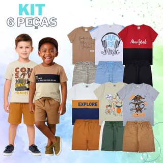 Kit 6 Peças de Roupa Infantil Menino Verão - 3 Conjuntos Menino Infantil Estampas Sortidas - 3 Camisetas + 3 Bermudas
