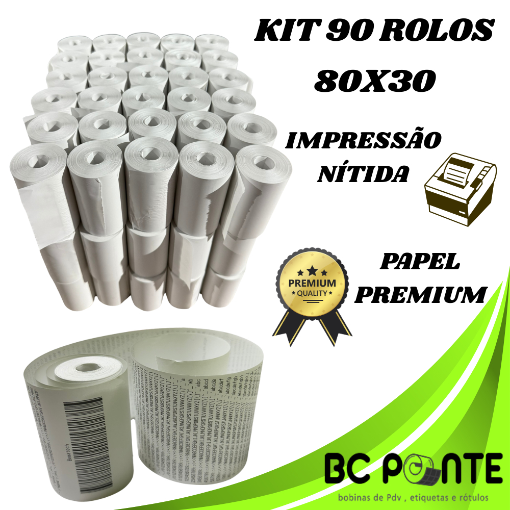 Bobina Térmica de 30 metros 80x30 Cupom Fiscal branca com 90 unidades ...