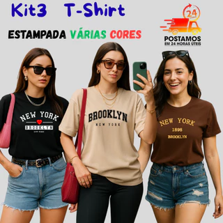 Kit 3 T-Shirt Básica Camiseta Feminina Estampada Blusa Várias Cores 100% Algodão