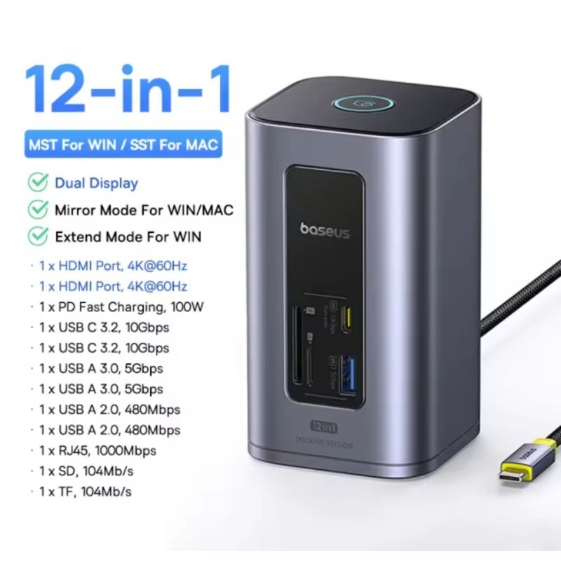 Baseus usb c hub 11-em-1 4k60hz hdmi displayport docking station