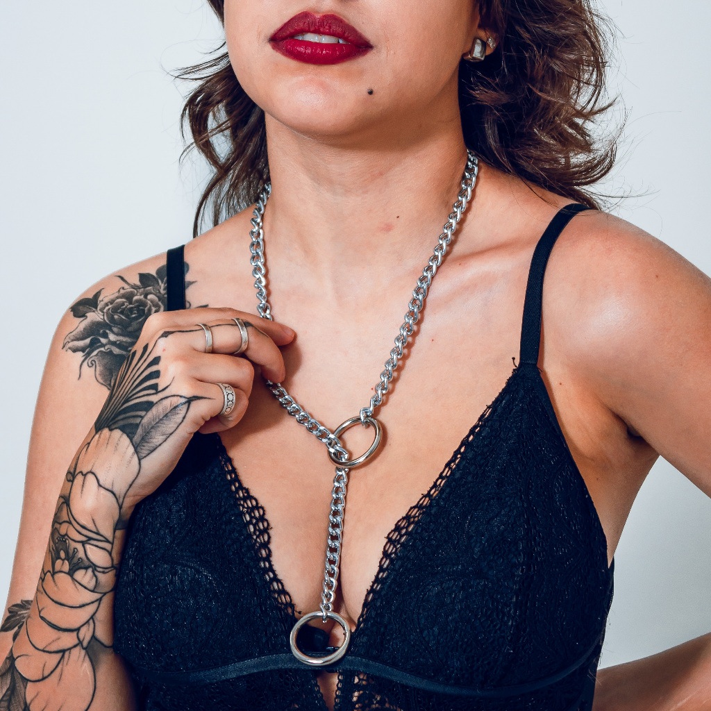 Colar Corrente Grumet Gargantilha BDSM Prateado com Argola Ajustável Punk OFF