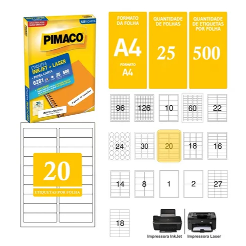 Etiquetas Adesivas Inkjet+Laser Branca Kit c/ 06 folhas Tam: A4 / A5 / Carta