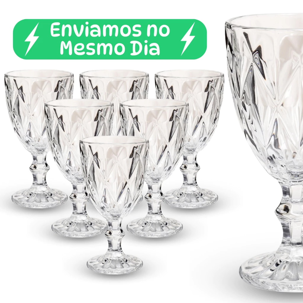 Jogo 6 Taça Diamante Copo Vidro Transparente Taças Abacaxi Gourmet Bico De Jaca 330ml