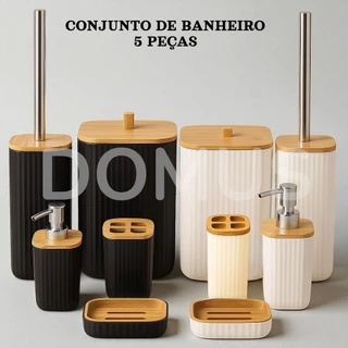 Kit Banheiro 5 e 2 Peças Preto e Branco com Bambu Lixeira Escova Sanitárias Saboneteira Porta Escova