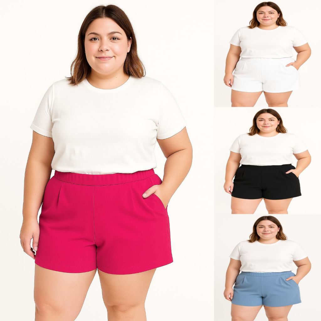 SHORT FEMININO PLUS SIZE COM BOLSO ALFAIATARIA ELASTICO NAS COSTAS ...