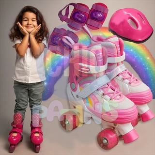 Patins Infantil 4 Rodas Menina + Proteção Ajustável Rosa ARCO-IRIS Com Luz De Led Patins Quad Menino em Oferta na Shopee